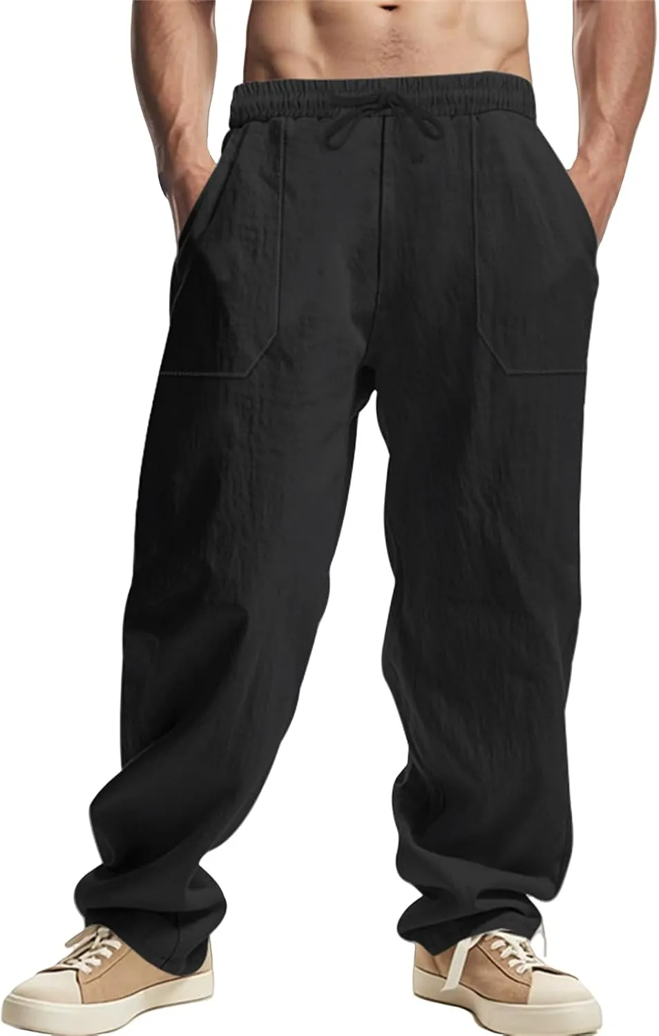 Linen Cargo Pants for Men Baggy Drawstring Elastic Waist Hip Hop Pants Beach Yoga Lightweight Travel Lounge Pants