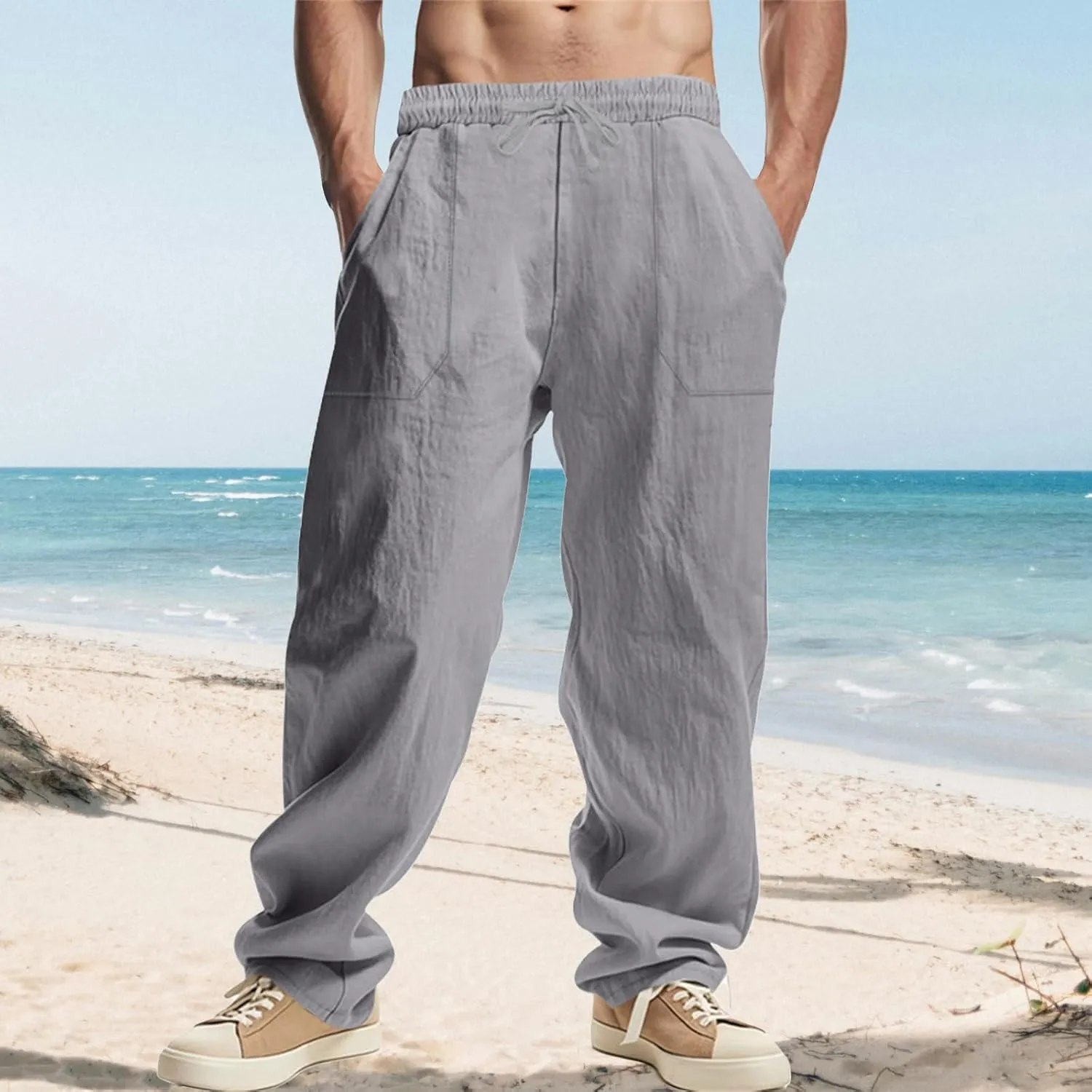 Linen Cargo Pants for Men Baggy Drawstring Elastic Waist Hip Hop Pants Beach Yoga Lightweight Travel Lounge Pants