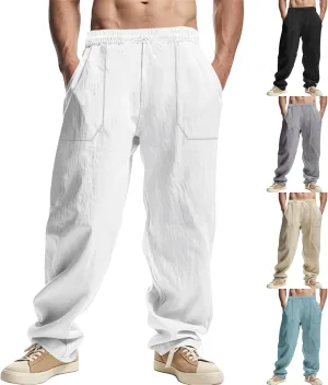 Linen Cargo Pants for Men Baggy Drawstring Elastic Waist Hip Hop Pants Beach Yoga Lightweight Travel Lounge Pants