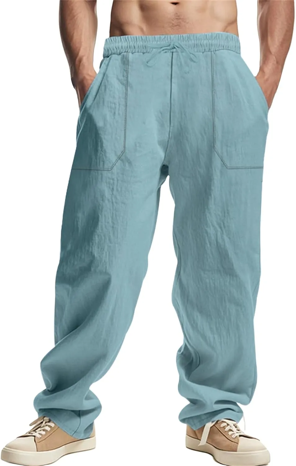 Linen Cargo Pants for Men Baggy Drawstring Elastic Waist Hip Hop Pants Beach Yoga Lightweight Travel Lounge Pants
