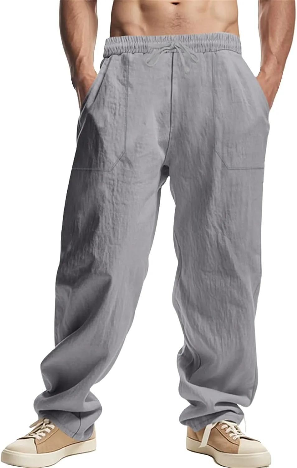 Linen Cargo Pants for Men Baggy Drawstring Elastic Waist Hip Hop Pants Beach Yoga Lightweight Travel Lounge Pants