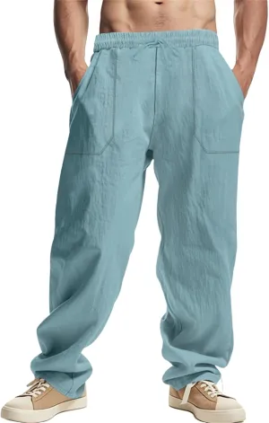 Linen Cargo Pants for Men Baggy Drawstring Elastic Waist Hip Hop Pants Beach Yoga Lightweight Travel Lounge Pants
