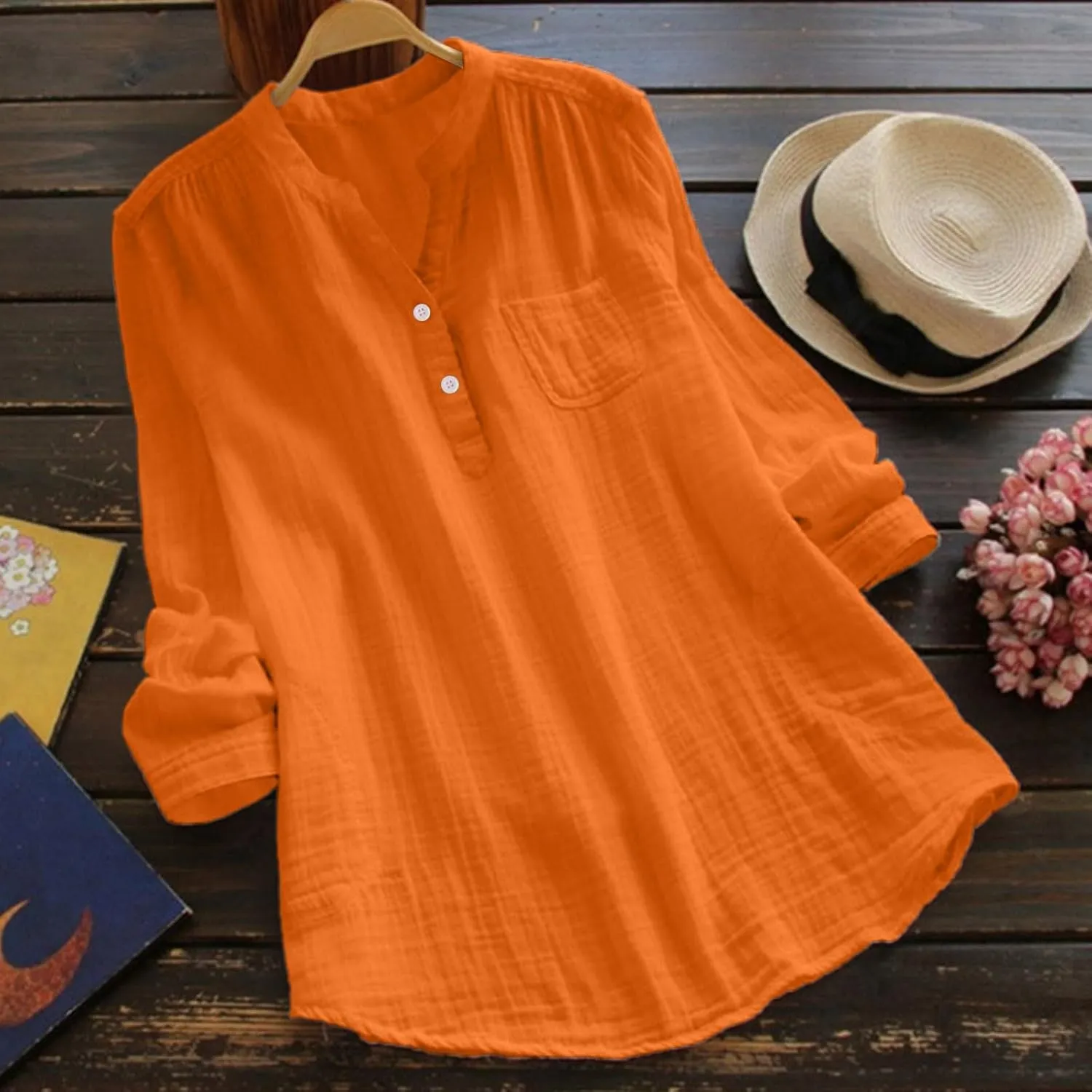 Linen Gauze Shirts Women 2025 Summer Long Sleeve Button Down Vneck Casual Tee Lightweight Vacation Going Out Blouses