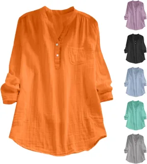 Linen Gauze Shirts Women 2025 Summer Long Sleeve Button Down Vneck Casual Tee Lightweight Vacation Going Out Blouses