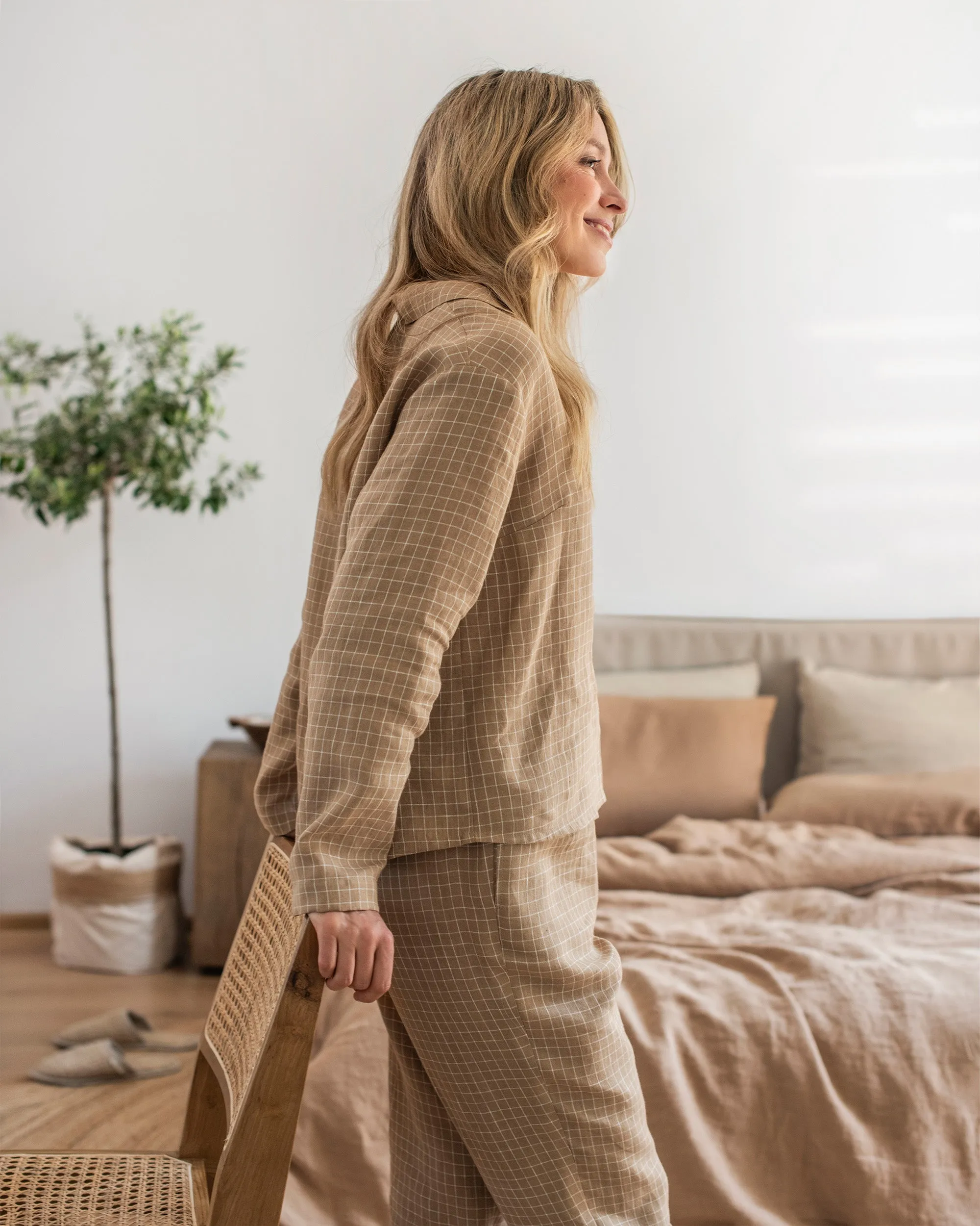 Linen loungewear set LAGUNA in Brown windowpane