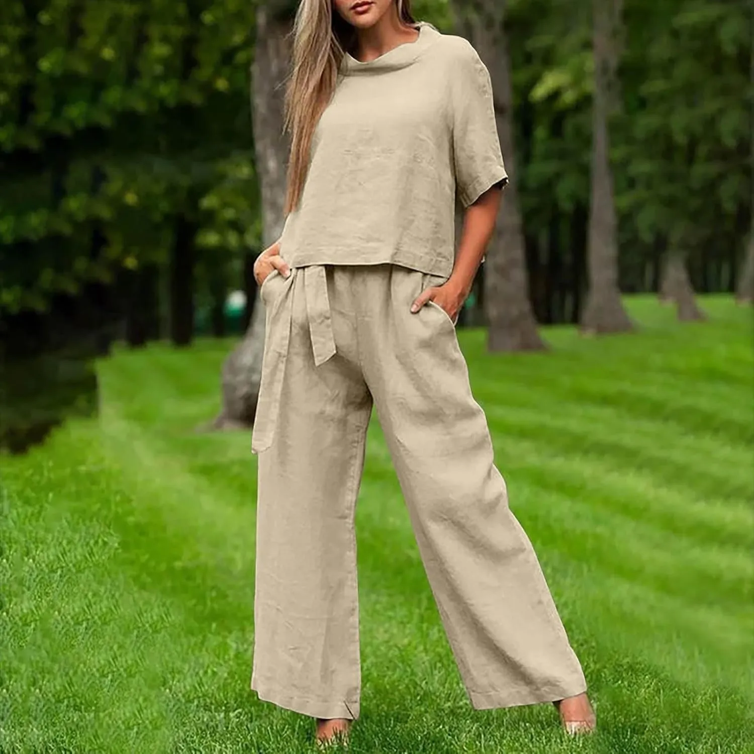 Linen Outfits for Women 2 Piece Set Summer Short Sleeve Tops Wide Leg Pants Matching Lounge Set Vacation Outfit