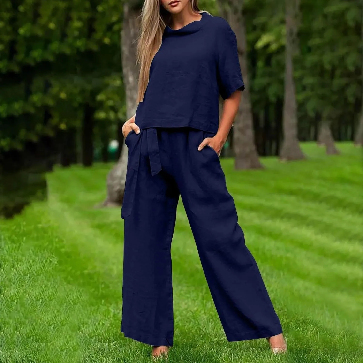 Linen Outfits for Women 2 Piece Set Summer Short Sleeve Tops Wide Leg Pants Matching Lounge Set Vacation Outfit