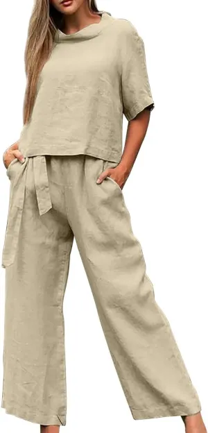 Linen Outfits for Women 2 Piece Set Summer Short Sleeve Tops Wide Leg Pants Matching Lounge Set Vacation Outfit