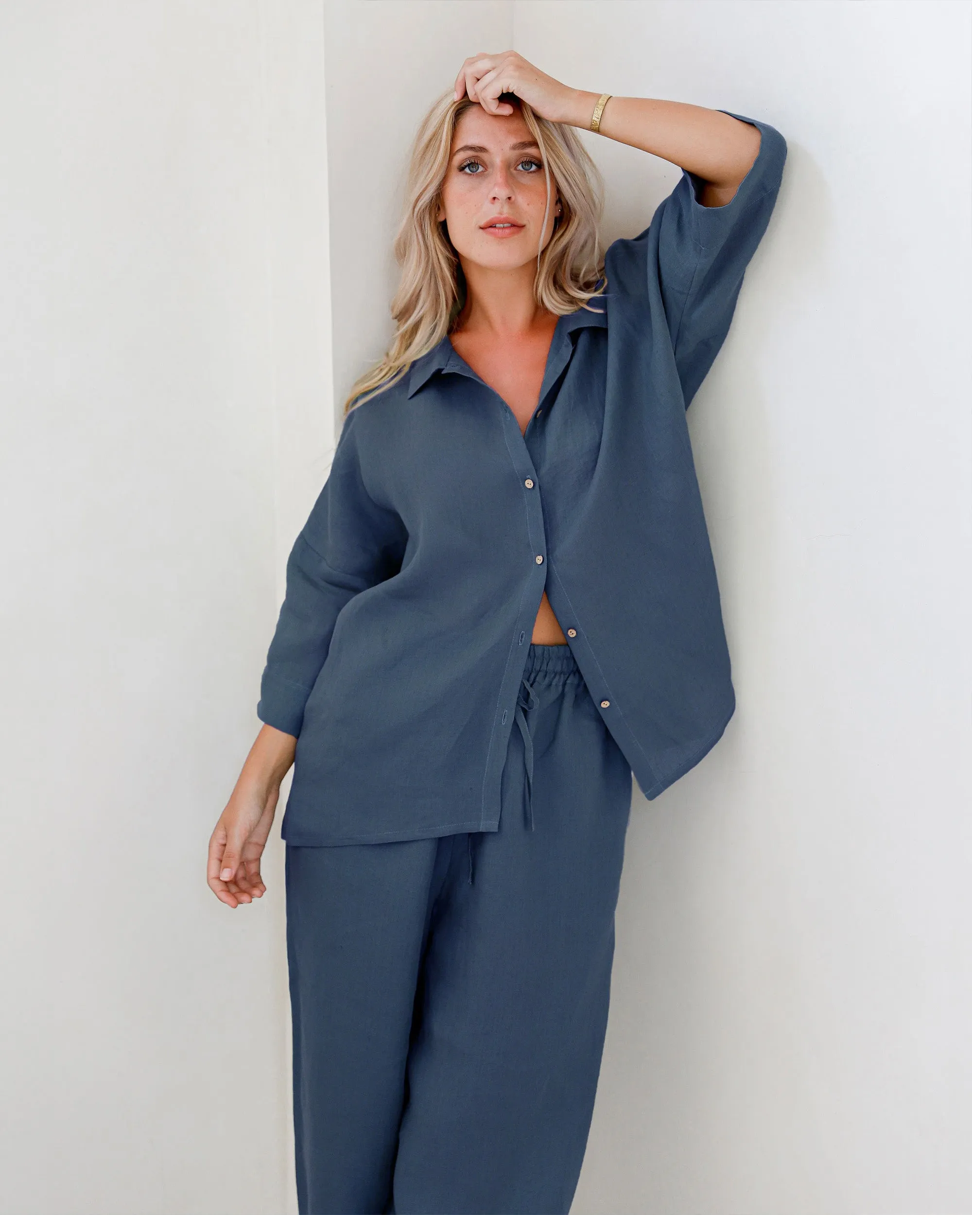 Linen pajama set AVEIRA in Deep Navy Blue