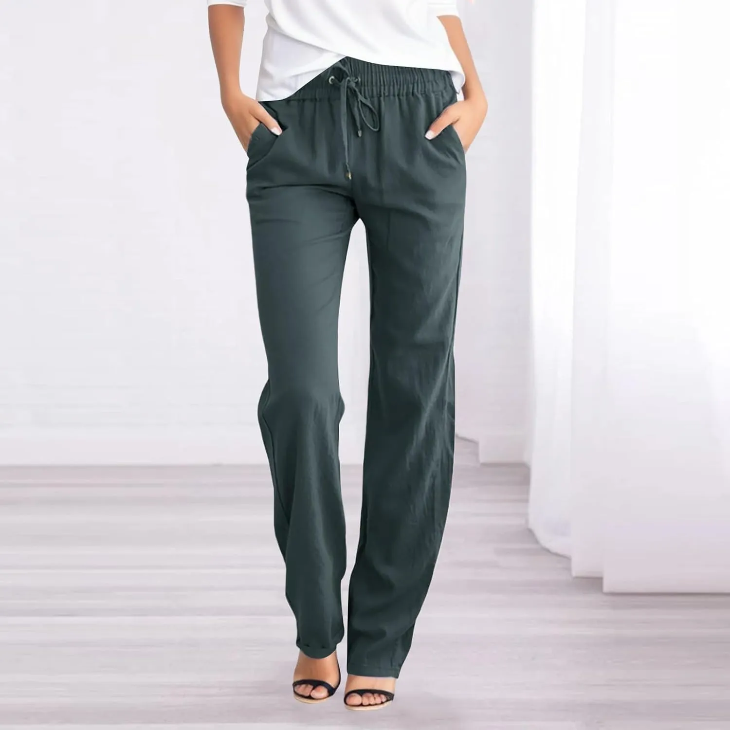 Linen Pants Women Summer Drawstring High Waisted Pants Casual Loose Fit Wide Leg Comfy Palazzo Trousers with Pocket