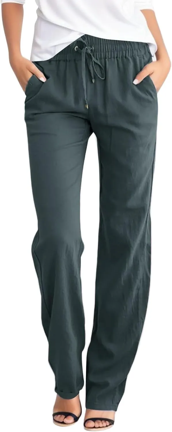 Linen Pants Women Summer Drawstring High Waisted Pants Casual Loose Fit Wide Leg Comfy Palazzo Trousers with Pocket