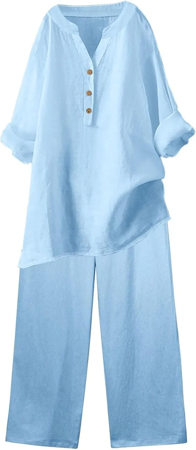 Linen Set For Women 2 Piece Summer Outfits Plus Size Long Sleeve Button Shirt Wide Leg Capri Pants Lounge Matching Sets