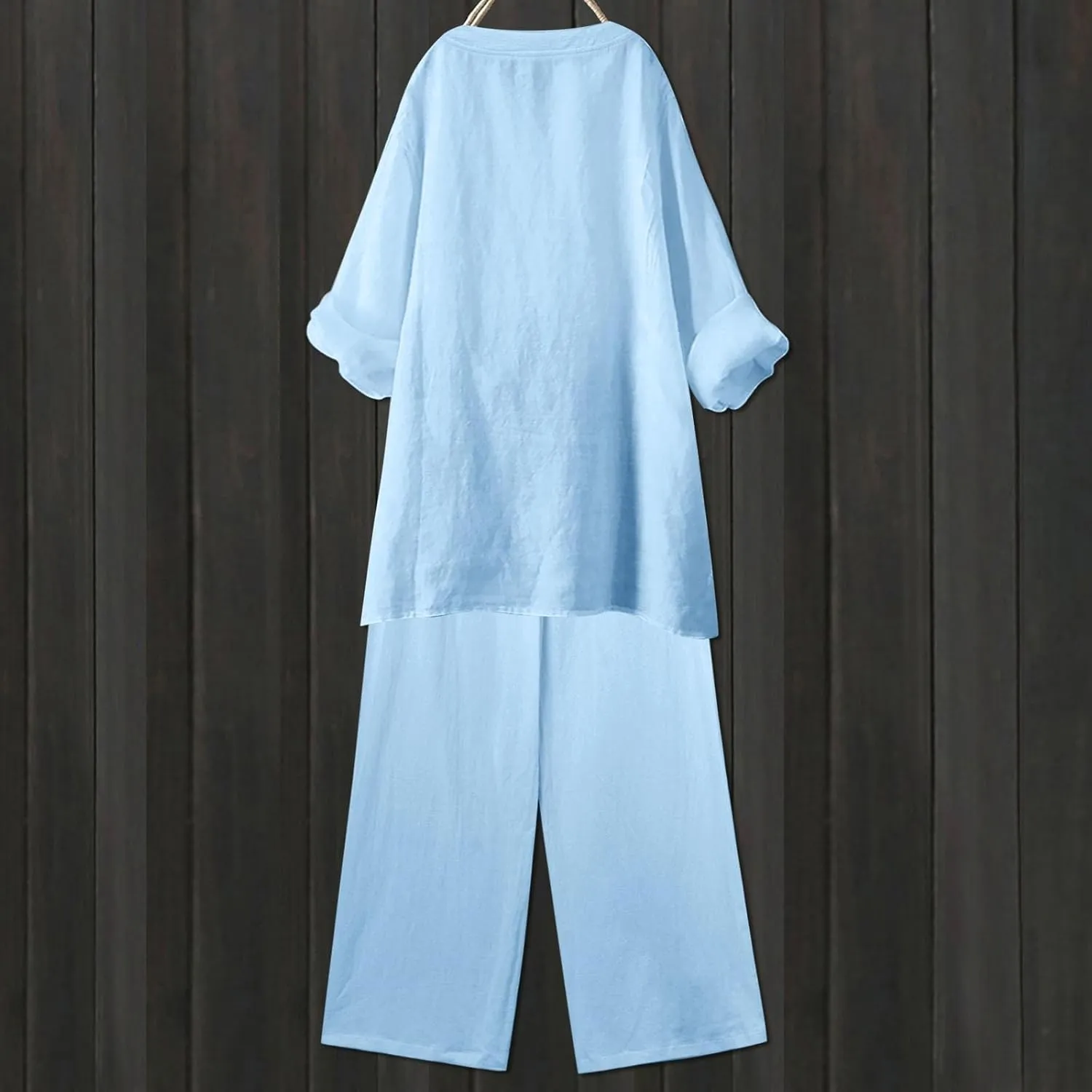 Linen Set For Women 2 Piece Summer Outfits Plus Size Long Sleeve Button Shirt Wide Leg Capri Pants Lounge Matching Sets
