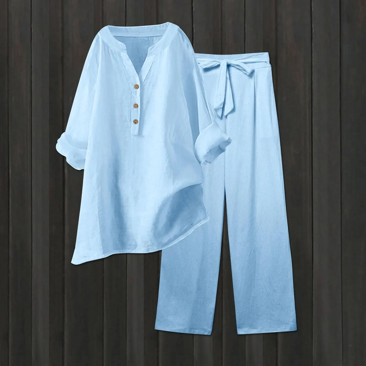 Linen Set For Women 2 Piece Summer Outfits Plus Size Long Sleeve Button Shirt Wide Leg Capri Pants Lounge Matching Sets