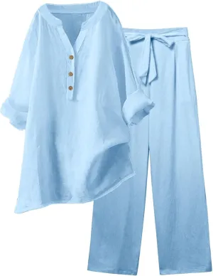 Linen Set For Women 2 Piece Summer Outfits Plus Size Long Sleeve Button Shirt Wide Leg Capri Pants Lounge Matching Sets