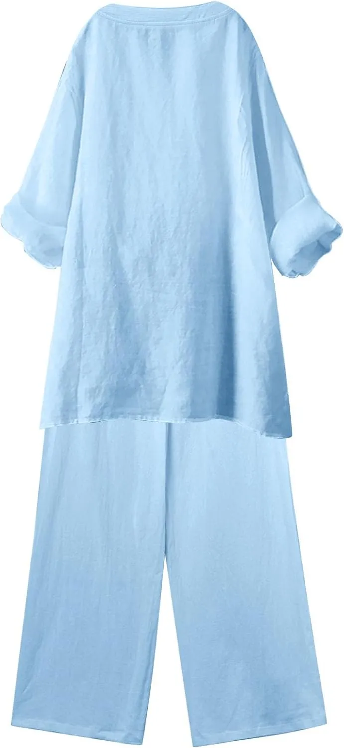 Linen Set For Women 2 Piece Summer Outfits Plus Size Long Sleeve Button Shirt Wide Leg Capri Pants Lounge Matching Sets