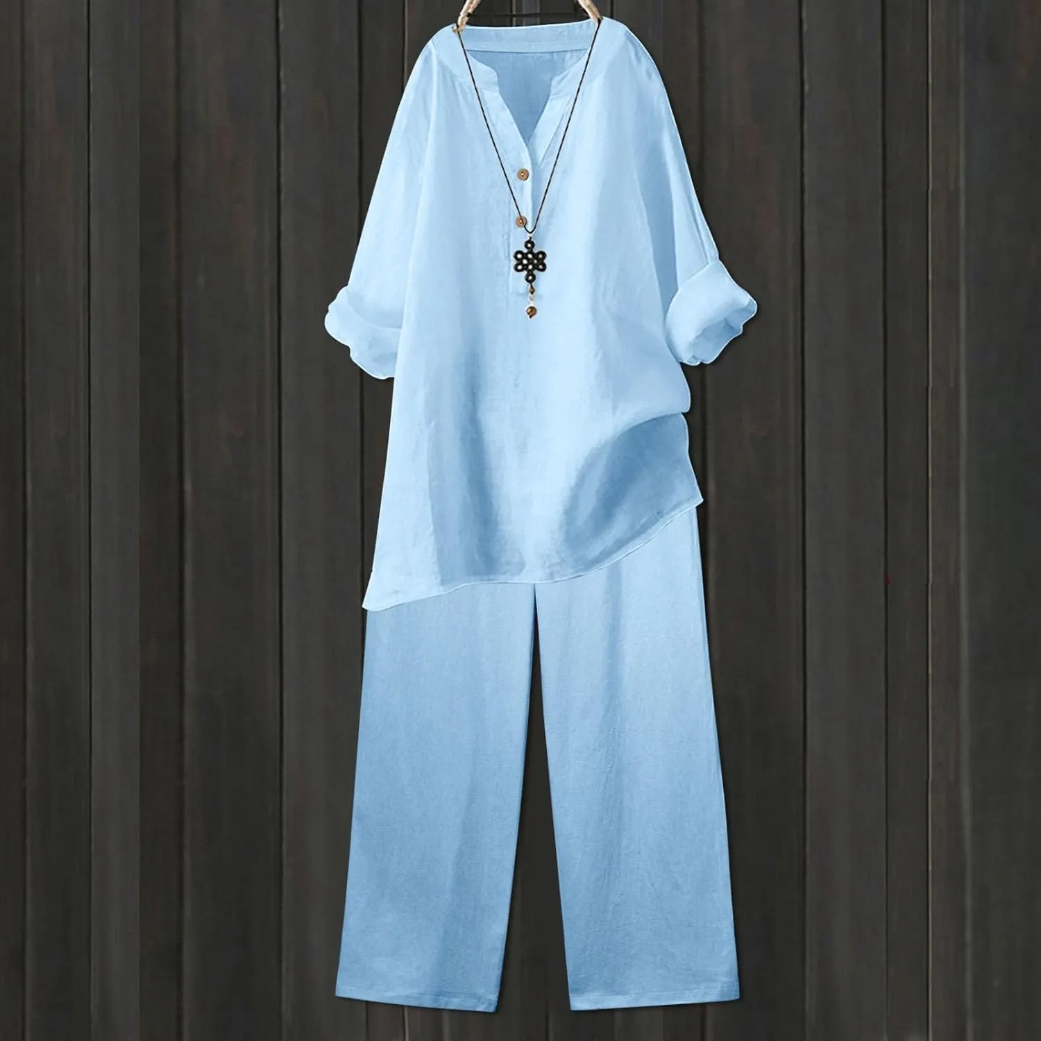 Linen Set For Women 2 Piece Summer Outfits Plus Size Long Sleeve Button Shirt Wide Leg Capri Pants Lounge Matching Sets