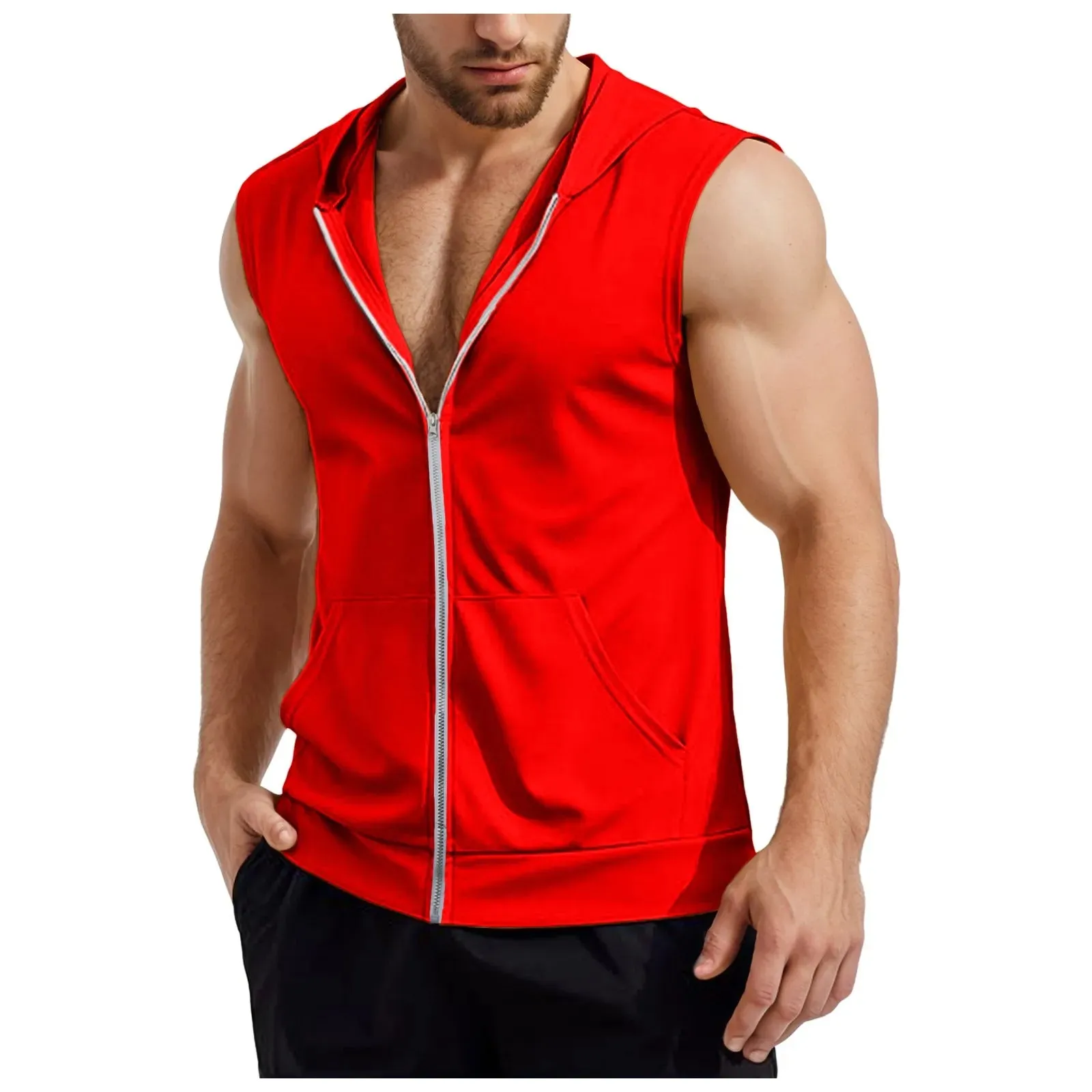 Lizard Vigilante Men's Workout Hooded Tank Tops - Zip-Up Sleeveless Gym Shirt Muscle T-Shirt for Bodybuilding, Summer Casual Vest