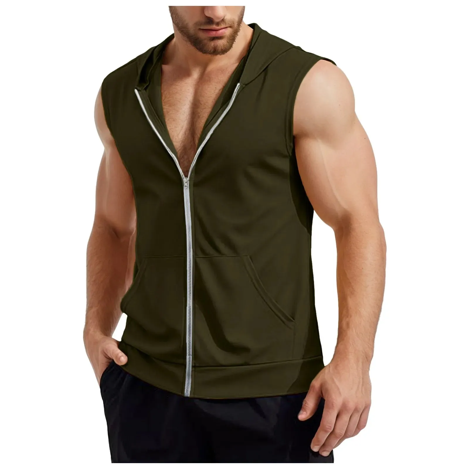 Lizard Vigilante Men's Workout Hooded Tank Tops - Zip-Up Sleeveless Gym Shirt Muscle T-Shirt for Bodybuilding, Summer Casual Vest