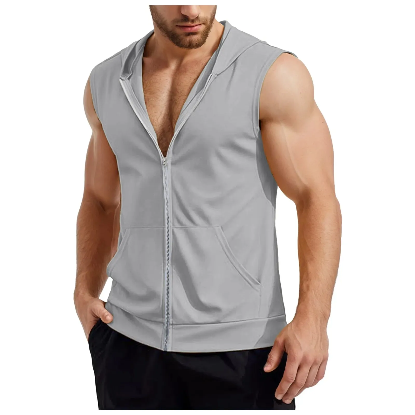 Lizard Vigilante Men's Workout Hooded Tank Tops - Zip-Up Sleeveless Gym Shirt Muscle T-Shirt for Bodybuilding, Summer Casual Vest