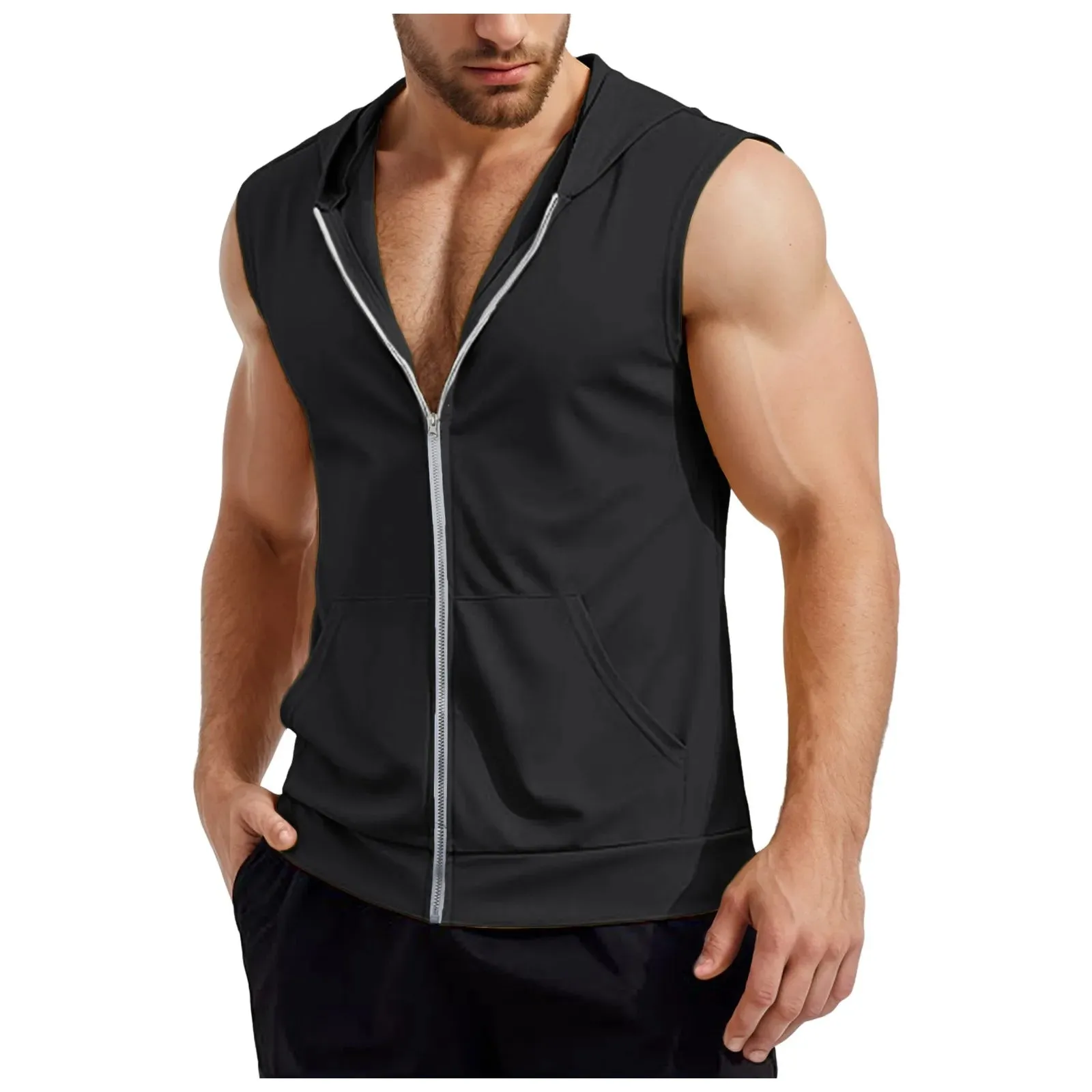Lizard Vigilante Men's Workout Hooded Tank Tops - Zip-Up Sleeveless Gym Shirt Muscle T-Shirt for Bodybuilding, Summer Casual Vest