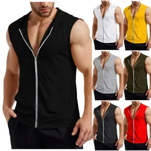 Lizard Vigilante Men's Workout Hooded Tank Tops - Zip-Up Sleeveless Gym Shirt Muscle T-Shirt for Bodybuilding, Summer Casual Vest