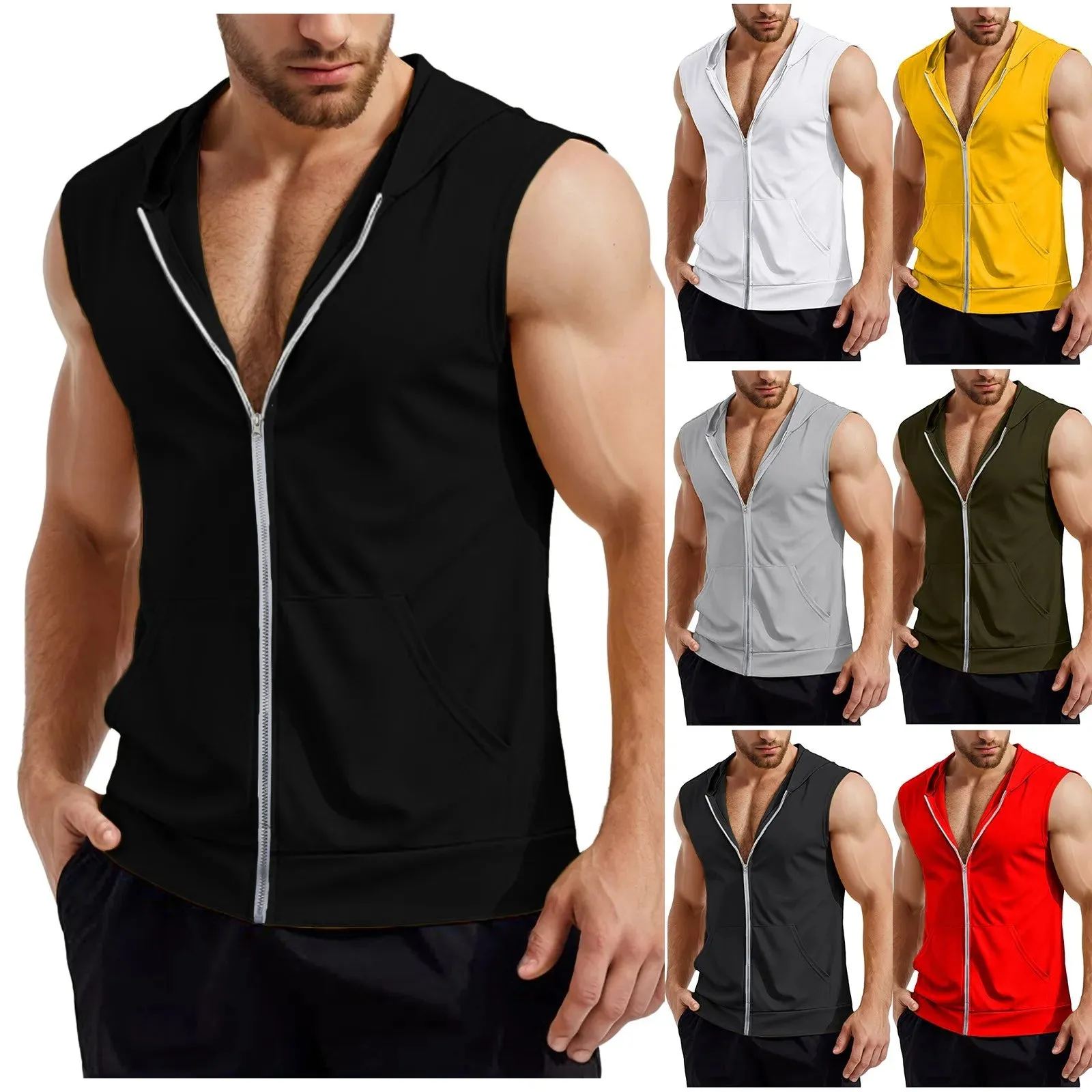 Lizard Vigilante Men's Workout Hooded Tank Tops - Zip-Up Sleeveless Gym Shirt Muscle T-Shirt for Bodybuilding, Summer Casual Vest