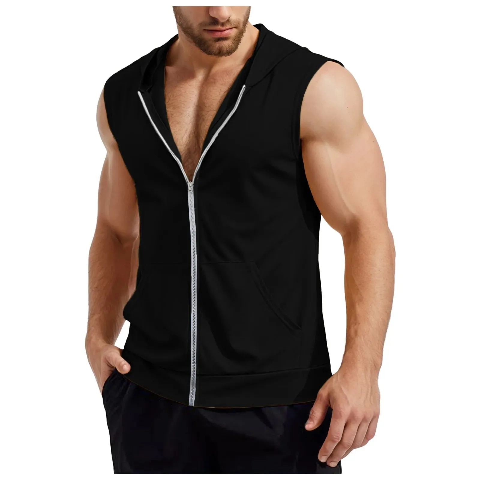Lizard Vigilante Men's Workout Hooded Tank Tops - Zip-Up Sleeveless Gym Shirt Muscle T-Shirt for Bodybuilding, Summer Casual Vest