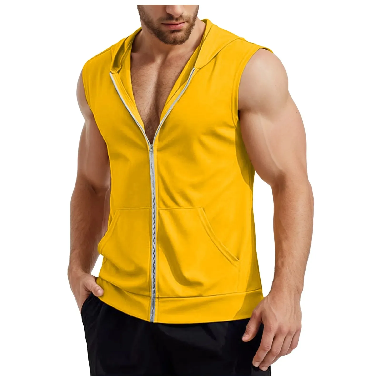 Lizard Vigilante Men's Workout Hooded Tank Tops - Zip-Up Sleeveless Gym Shirt Muscle T-Shirt for Bodybuilding, Summer Casual Vest