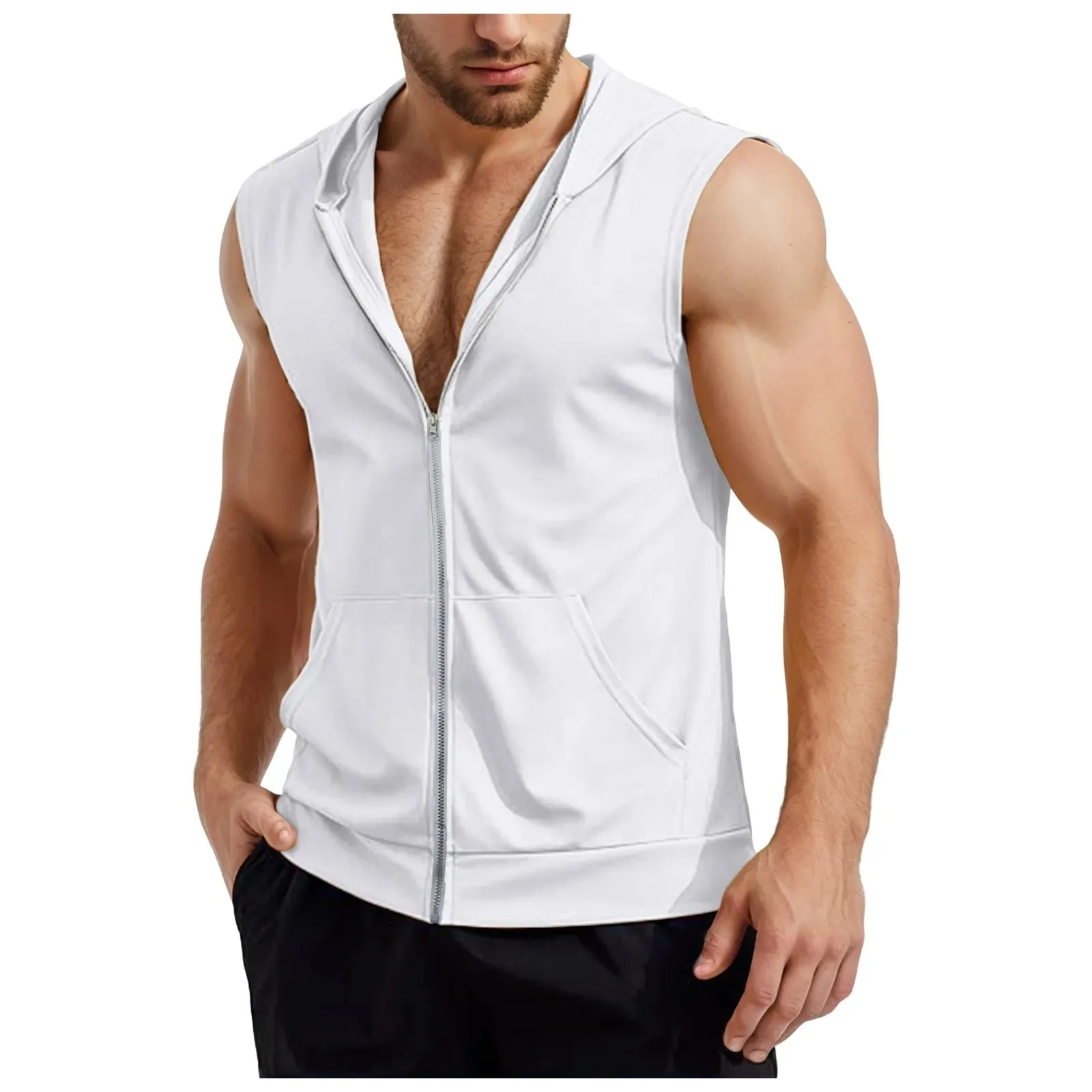 Lizard Vigilante Men's Workout Hooded Tank Tops - Zip-Up Sleeveless Gym Shirt Muscle T-Shirt for Bodybuilding, Summer Casual Vest