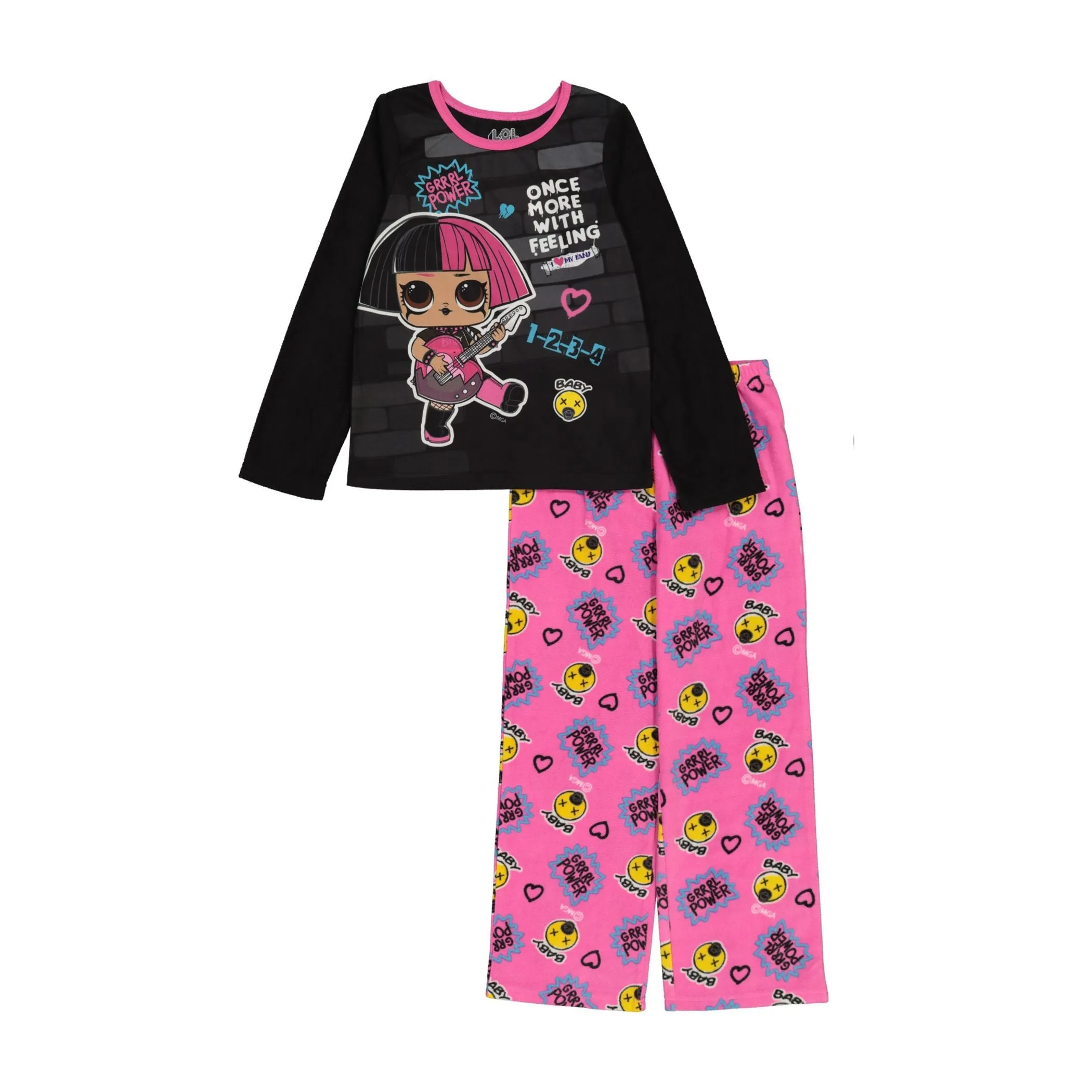 LOL Girls Pajama Set, Long Sleeve Top and Pants 2pc Fleece PJ Outfit, 4-10, Black