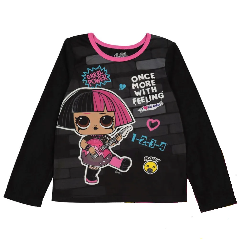 LOL Girls Pajama Set, Long Sleeve Top and Pants 2pc Fleece PJ Outfit, 4-10, Black