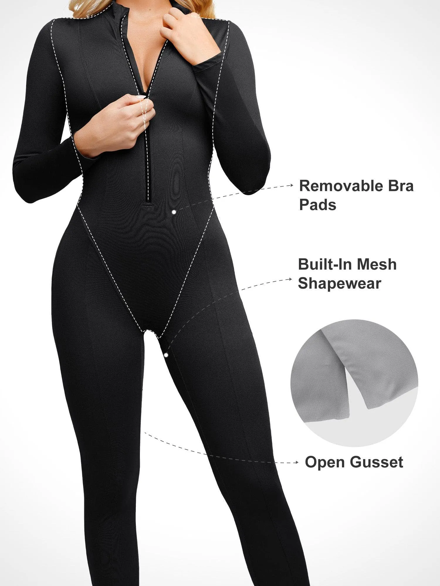 Long Sleeve Shapewear Zip Front Sport Jumpsuit