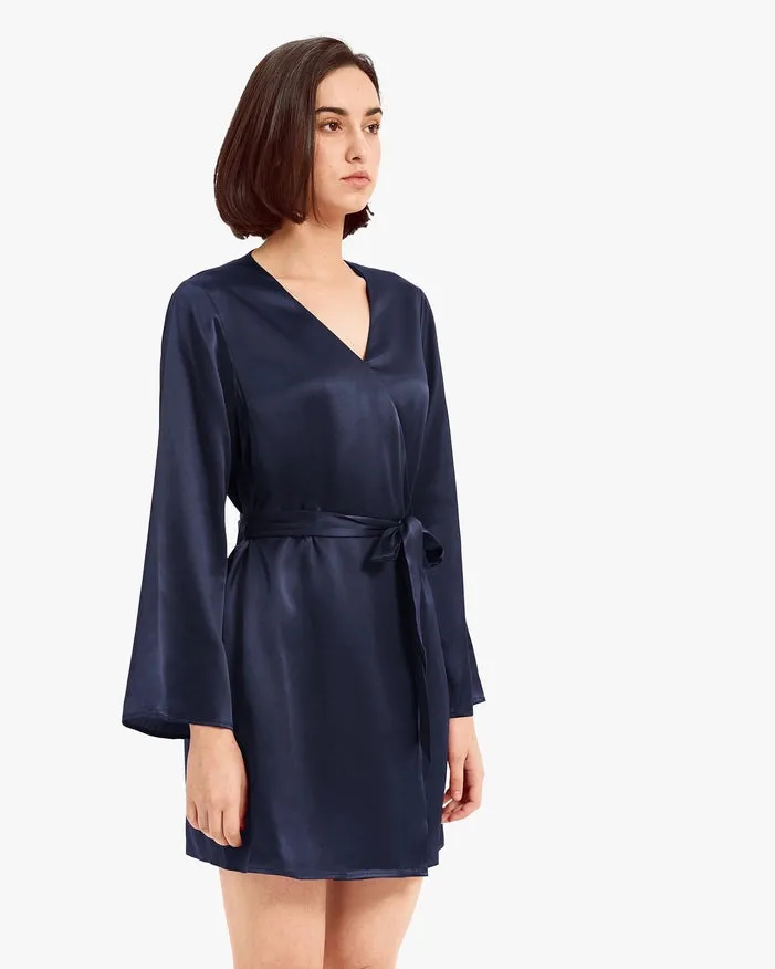 Loose Collarless Silk Navy Blue