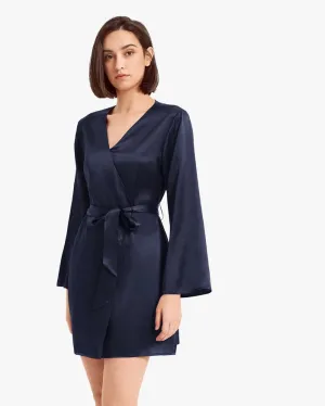 Loose Collarless Silk Navy Blue