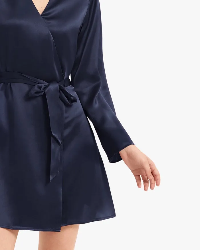 Loose Collarless Silk Navy Blue