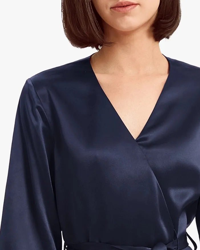Loose Collarless Silk Navy Blue