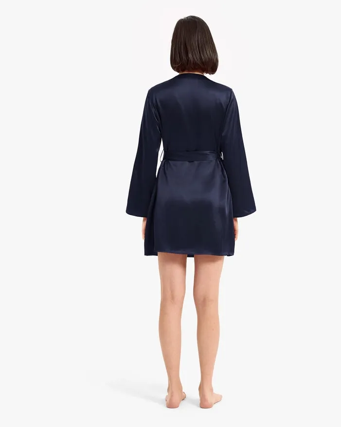 Loose Collarless Silk Navy Blue