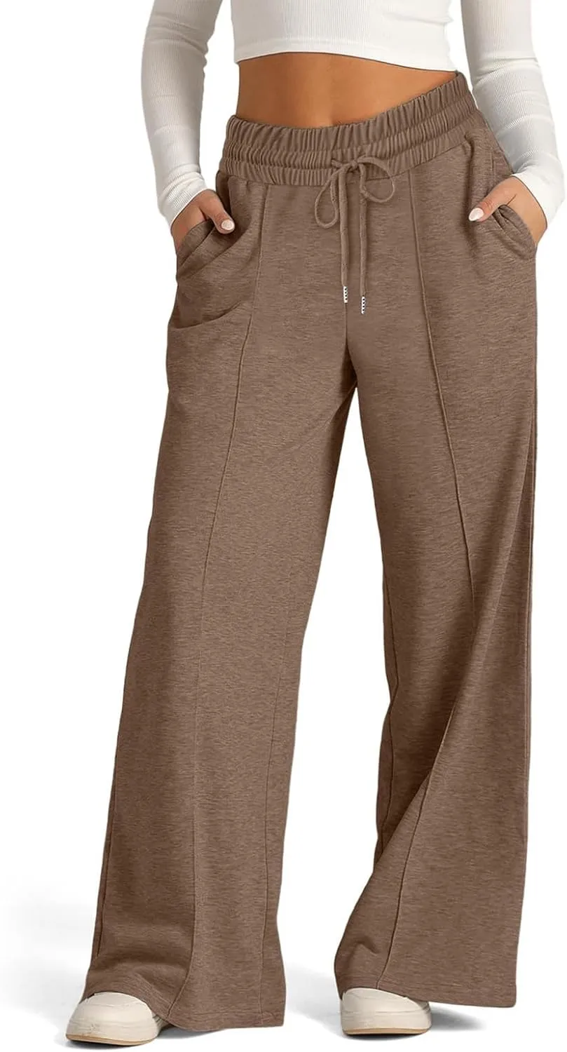 Lounge Pants with Pockets for Women, Wide Leg Lightweight High Waist Adjustable Tie Knot Loose Fit Drawstring Trousers