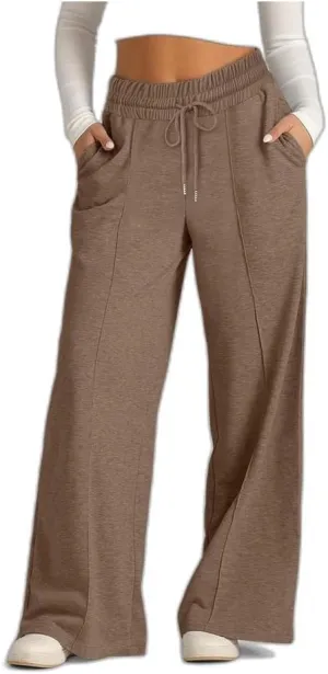 Lounge Pants with Pockets for Women, Wide Leg Lightweight High Waist Adjustable Tie Knot Loose Fit Drawstring Trousers
