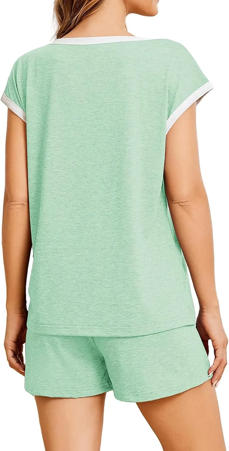 Lounge Set for Women 2 Piece Outfits Short Sleeve Crewneck Color Block Pjs Set Sleepwear Loungewear Sets