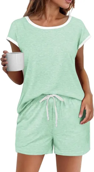 Lounge Set for Women 2 Piece Outfits Short Sleeve Crewneck Color Block Pjs Set Sleepwear Loungewear Sets