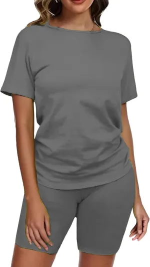 Lounge Sets for Women 2 Piece Casual Short Sleeve Crewneck Tshirts and Workout Shorts Solid Athletic Two Piece Set