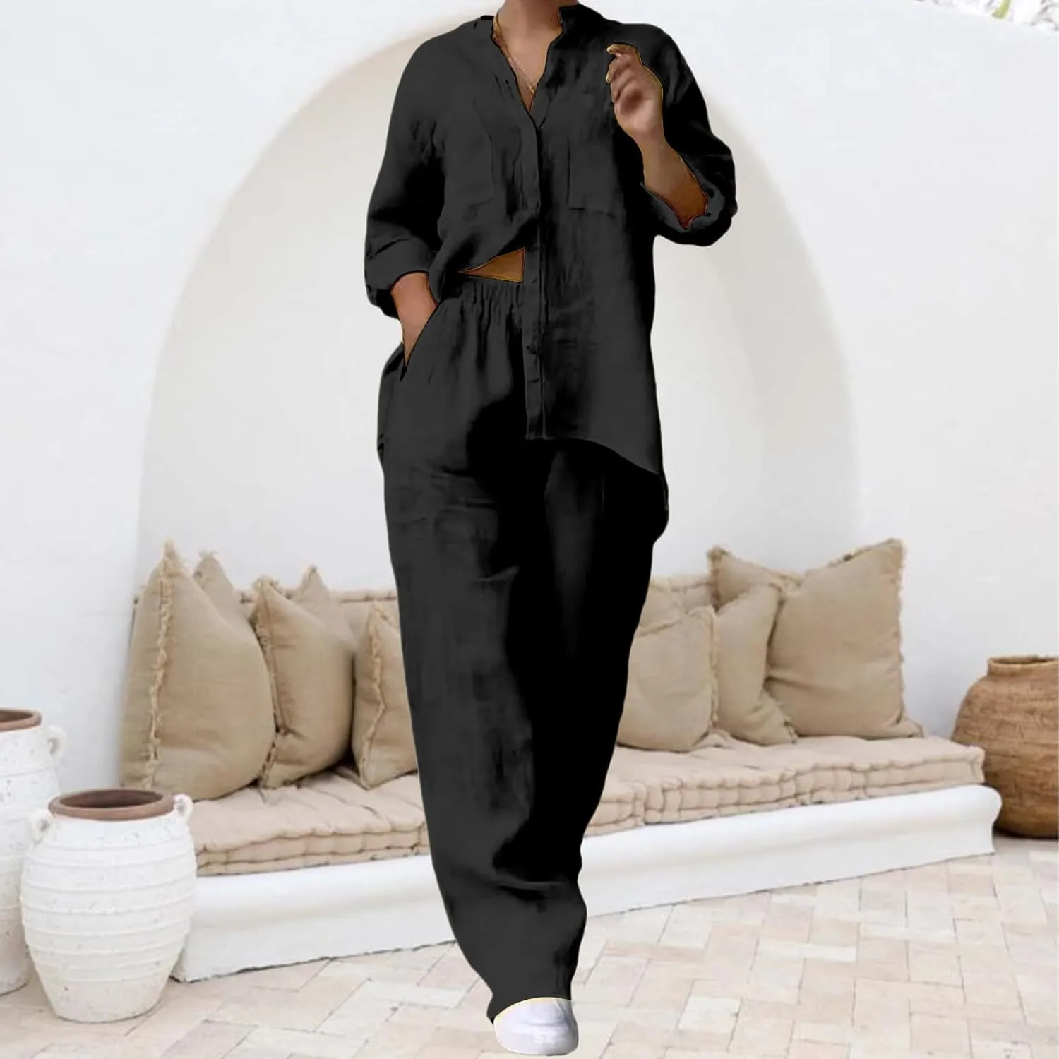 Lounge Sets for Women 2 Piece Outfits Summer Cotton Linen Rolled Up Sleeve Button Down Shirt and Wide Leg Pants Set