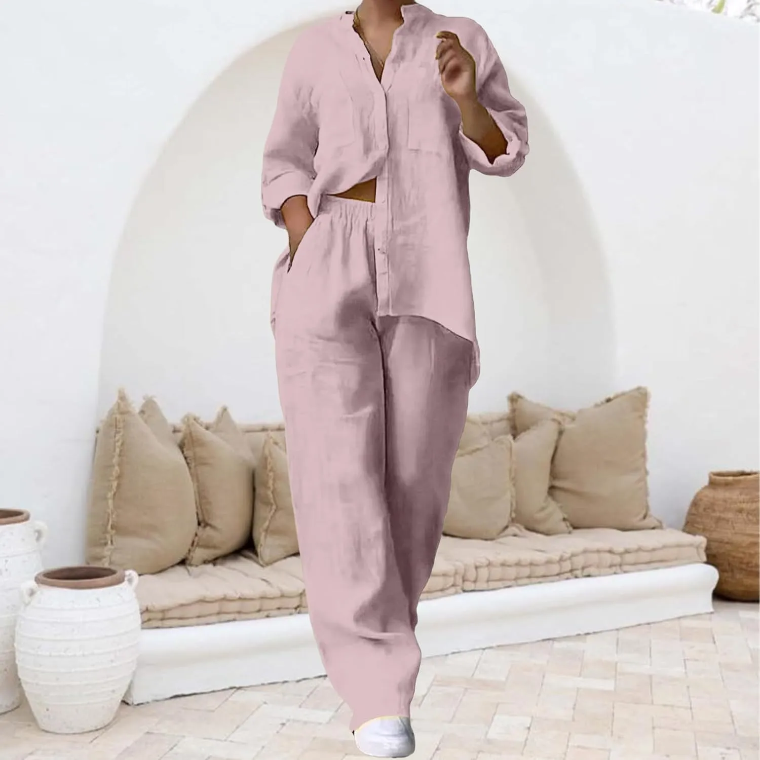 Lounge Sets for Women 2 Piece Outfits Summer Cotton Linen Rolled Up Sleeve Button Down Shirt and Wide Leg Pants Set
