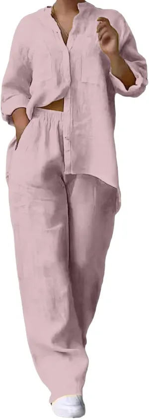 Lounge Sets for Women 2 Piece Outfits Summer Cotton Linen Rolled Up Sleeve Button Down Shirt and Wide Leg Pants Set