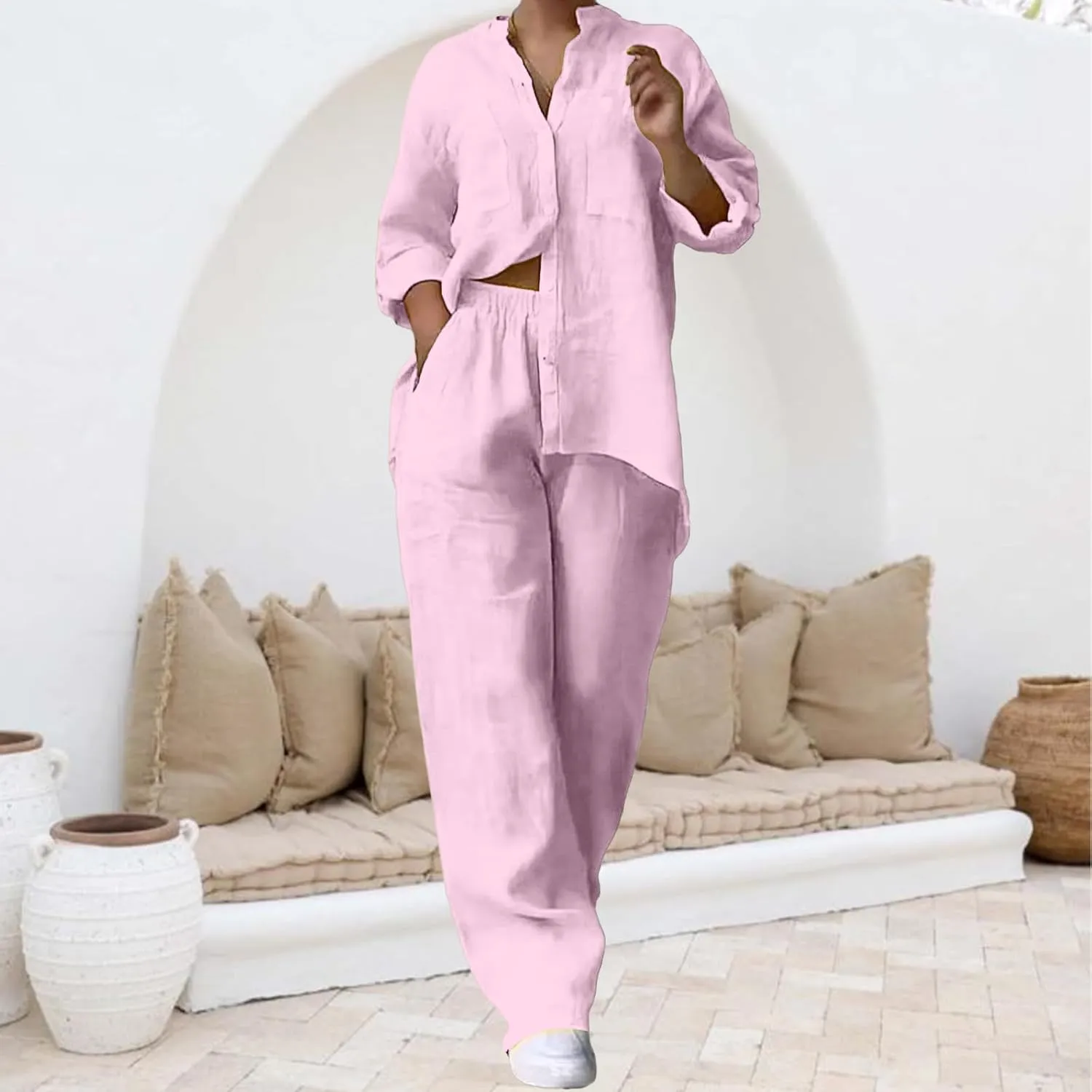 Lounge Sets for Women 2 Piece Outfits Summer Cotton Linen Rolled Up Sleeve Button Down Shirt and Wide Leg Pants Set