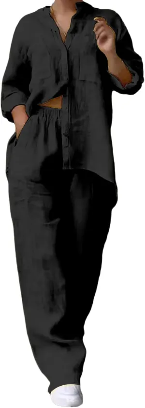 Lounge Sets for Women 2 Piece Outfits Summer Cotton Linen Rolled Up Sleeve Button Down Shirt and Wide Leg Pants Set