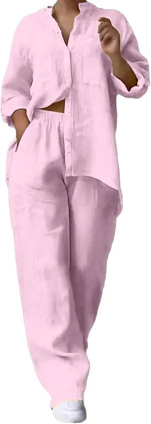 Lounge Sets for Women 2 Piece Outfits Summer Cotton Linen Rolled Up Sleeve Button Down Shirt and Wide Leg Pants Set