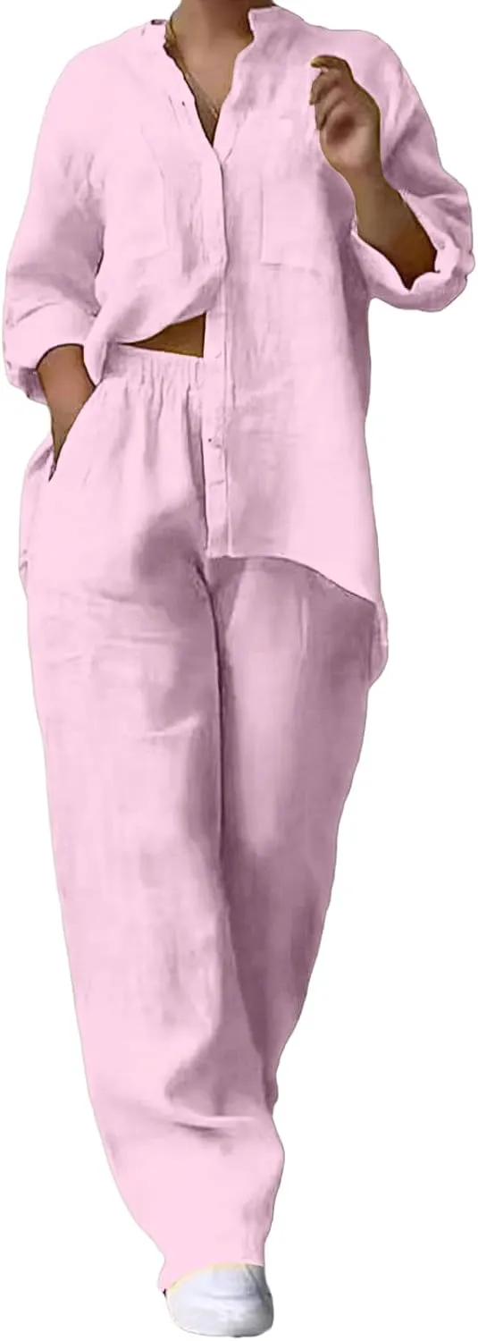 Lounge Sets for Women 2 Piece Outfits Summer Cotton Linen Rolled Up Sleeve Button Down Shirt and Wide Leg Pants Set